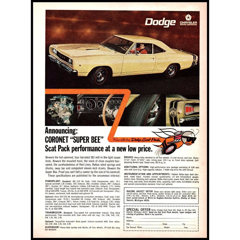 1968 Dodge Coronet Super Bee 2 Door Coupe Vintage Print Ad Man Cave Wall Art